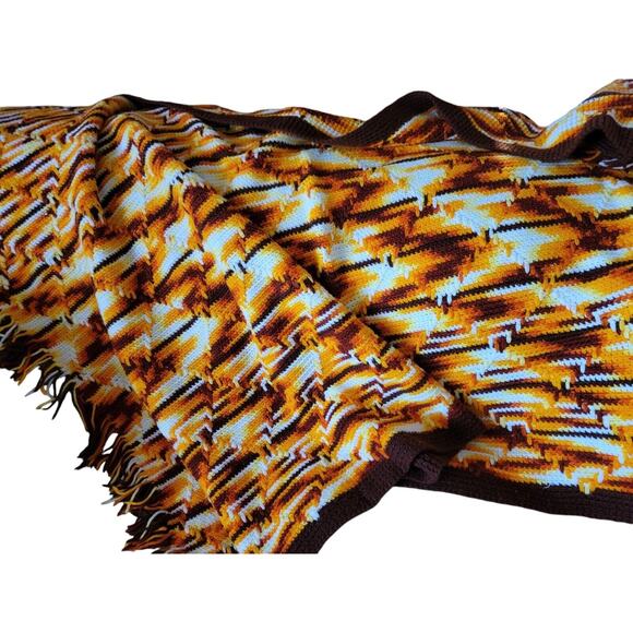 Hand Knit Fall Colors Throw Afghan Beautiful Pattern Yellow Orange Brown White - Picture 1 of 7